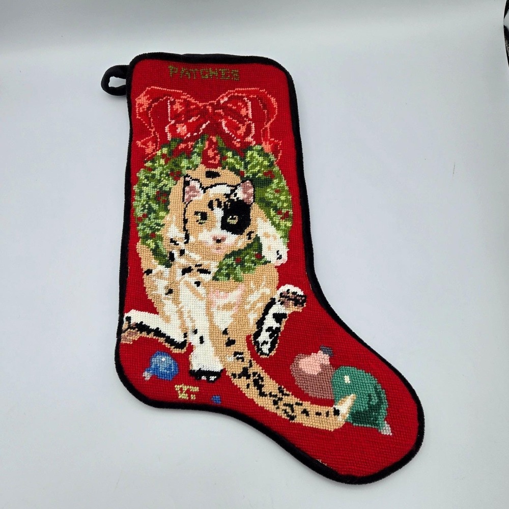 Calico Cat Needlepoint Christmas Stocking Black Velvet Personalized PATCHES 16"